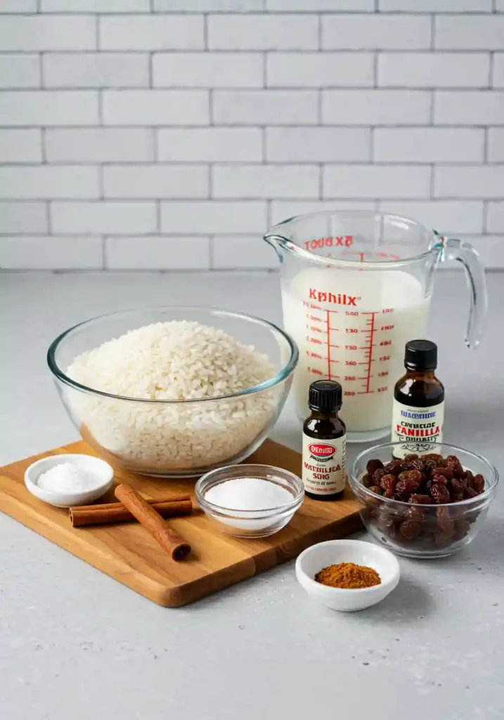 Arborio rice, milk, sugar, cinnamon stick, raisins on wood