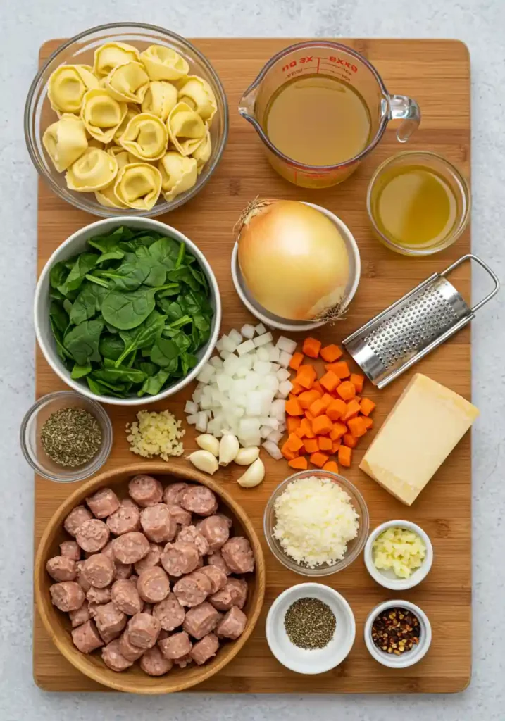 Italian sausage, tortellini, spinach, broth, and seasonings