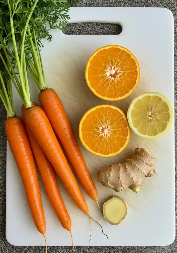 Carrots, Orange, Lemon, Ginger on Board