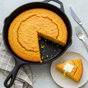 Sliced sweet potato cornbread on a plate with melted butter