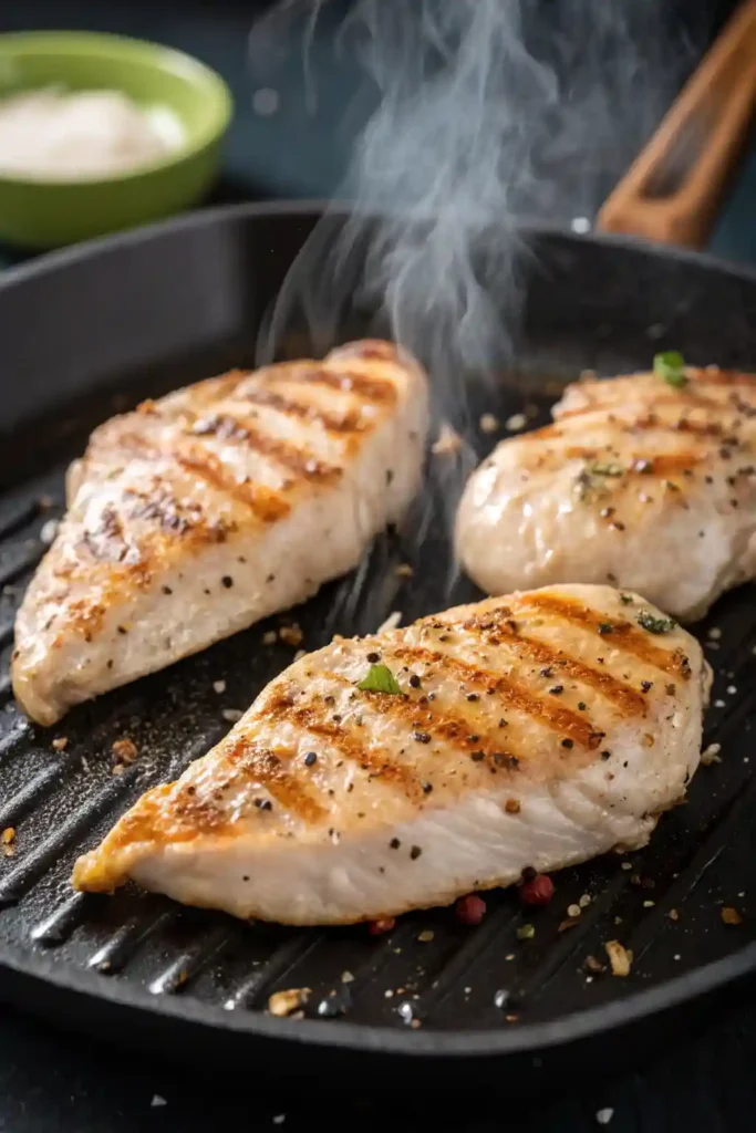 Seasoned chicken breasts cooking on a grill pan