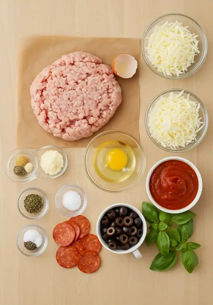 Flat-lay of ground chicken, Parmesan, egg, spices, sauce, and cheese