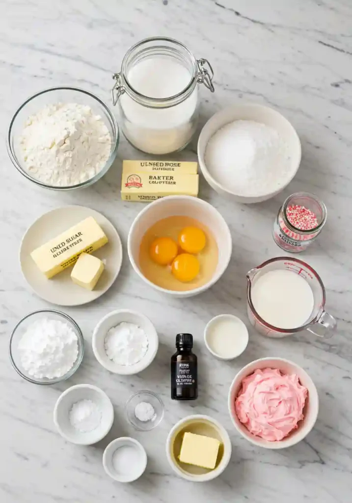 Baking ingredients for pink cupcakes neatly arranged on a kitchen counter