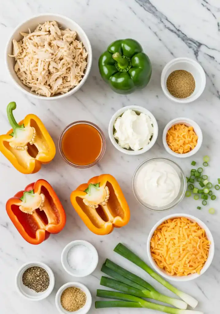 Bell peppers, shredded chicken, buffalo sauce, cream cheese, shredded cheddar, and spices on counter