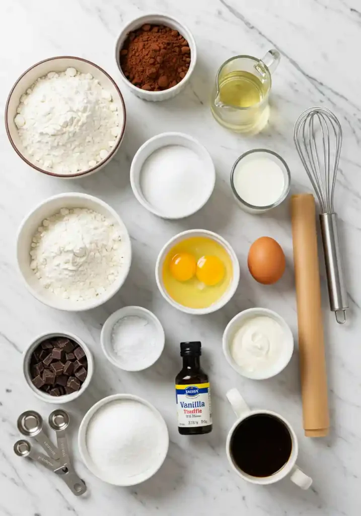 Cocoa powder, flour, eggs, chocolate, and cream arranged on a countertop