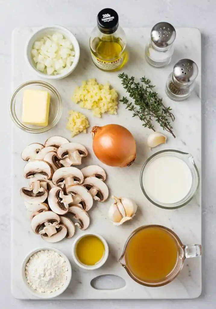 Fresh mushrooms, broth, cream, and herbs for mushroom soup