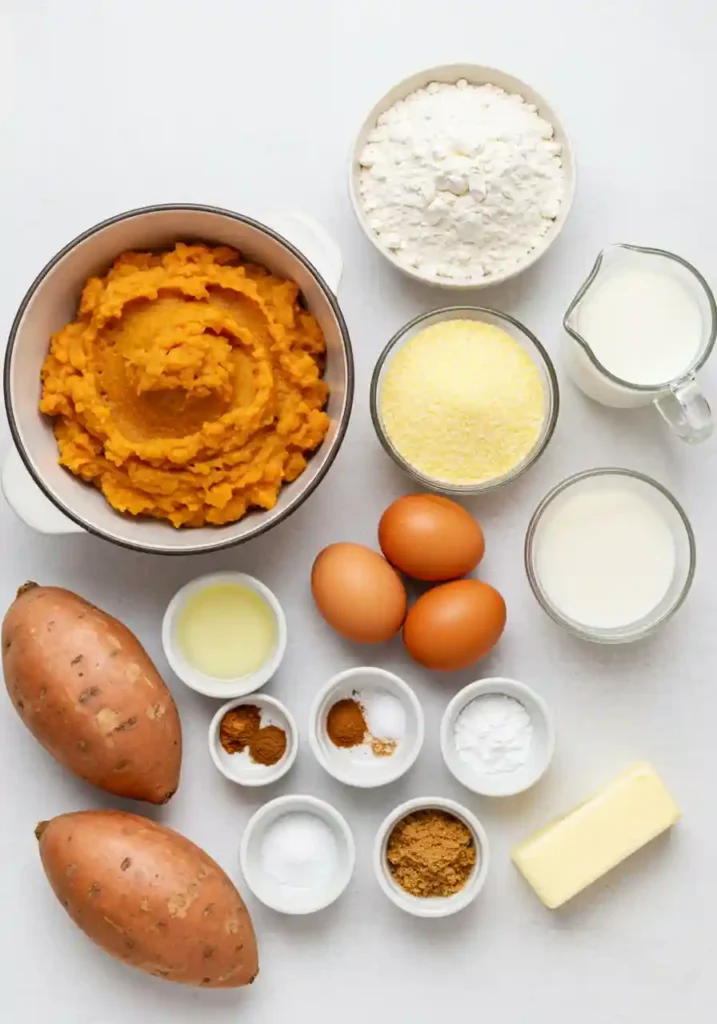 Flat lay of sweet potato, cornmeal, flour, eggs, butter, and spices