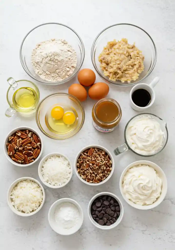 Baking ingredients for German chocolate poke cake on a kitchen counter