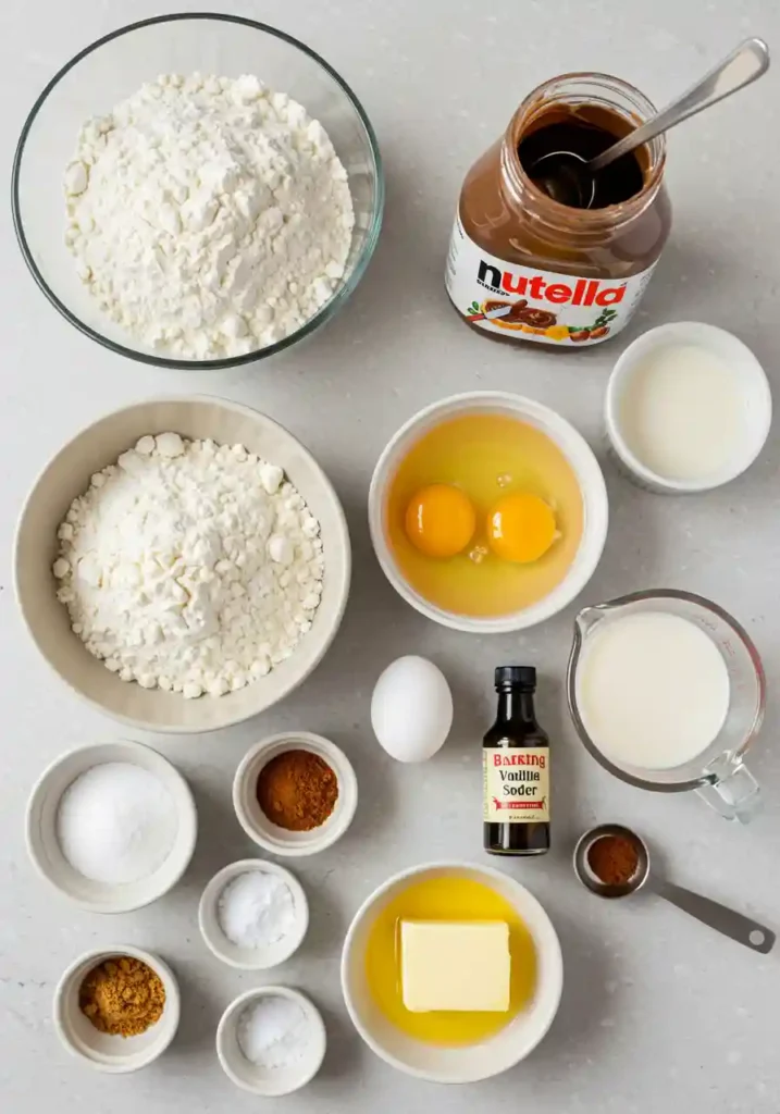 Pancake ingredients with Nutella, flour, eggs, and buttermilk