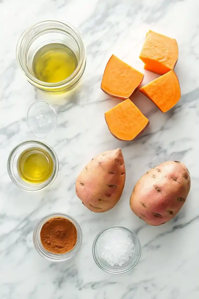 Sweet potatoes, spices, olive oil, and kitchen tools on counter