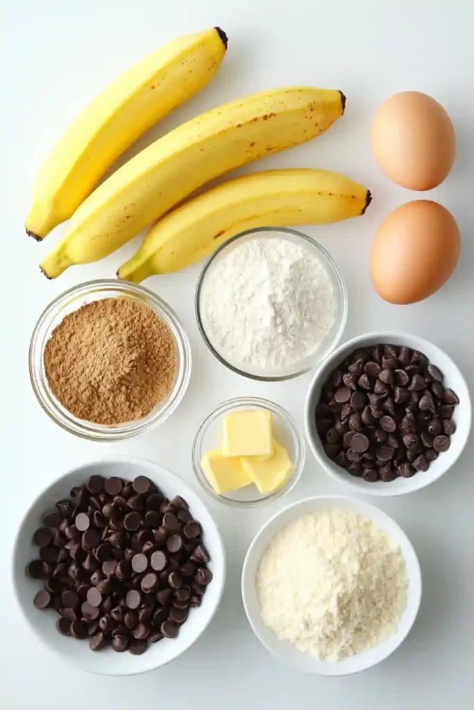 Flat-lay of ripe bananas, butter, sugars, eggs, flour, and chocolate chips