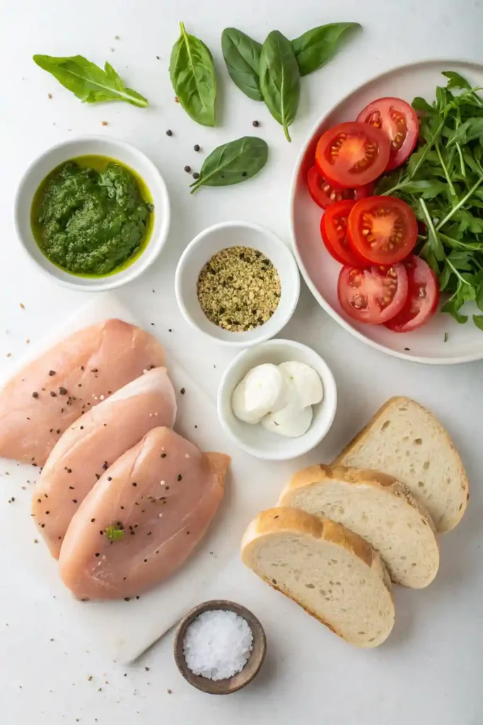 Flat lay of pesto chicken sandwich ingredients on a kitchen counter