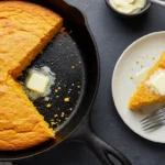 Whole sweet potato cornbread in a cast iron skillet with a slice removed
