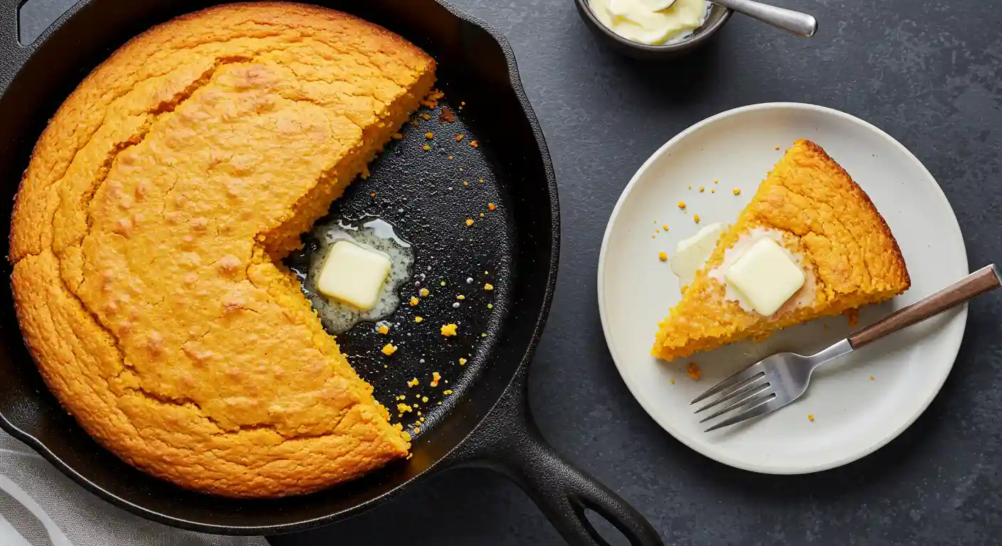 Whole sweet potato cornbread in a cast iron skillet with a slice removed