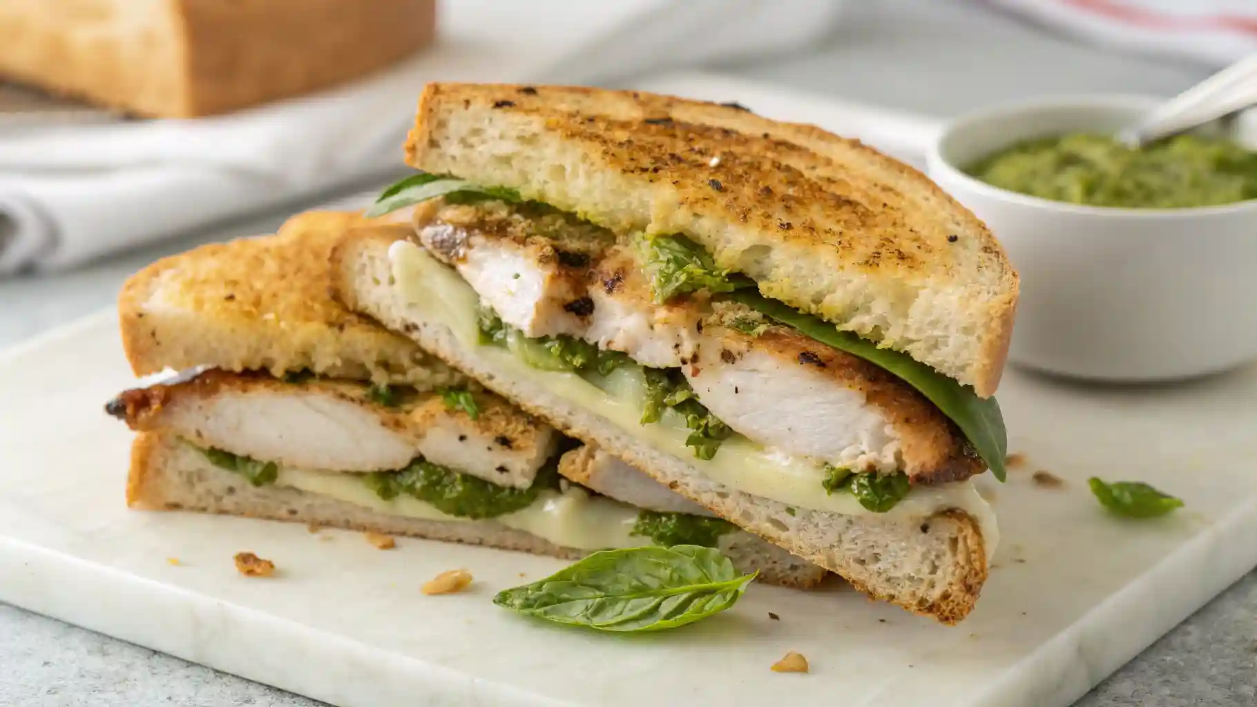 Freshly made pesto chicken sandwich on sourdough bread