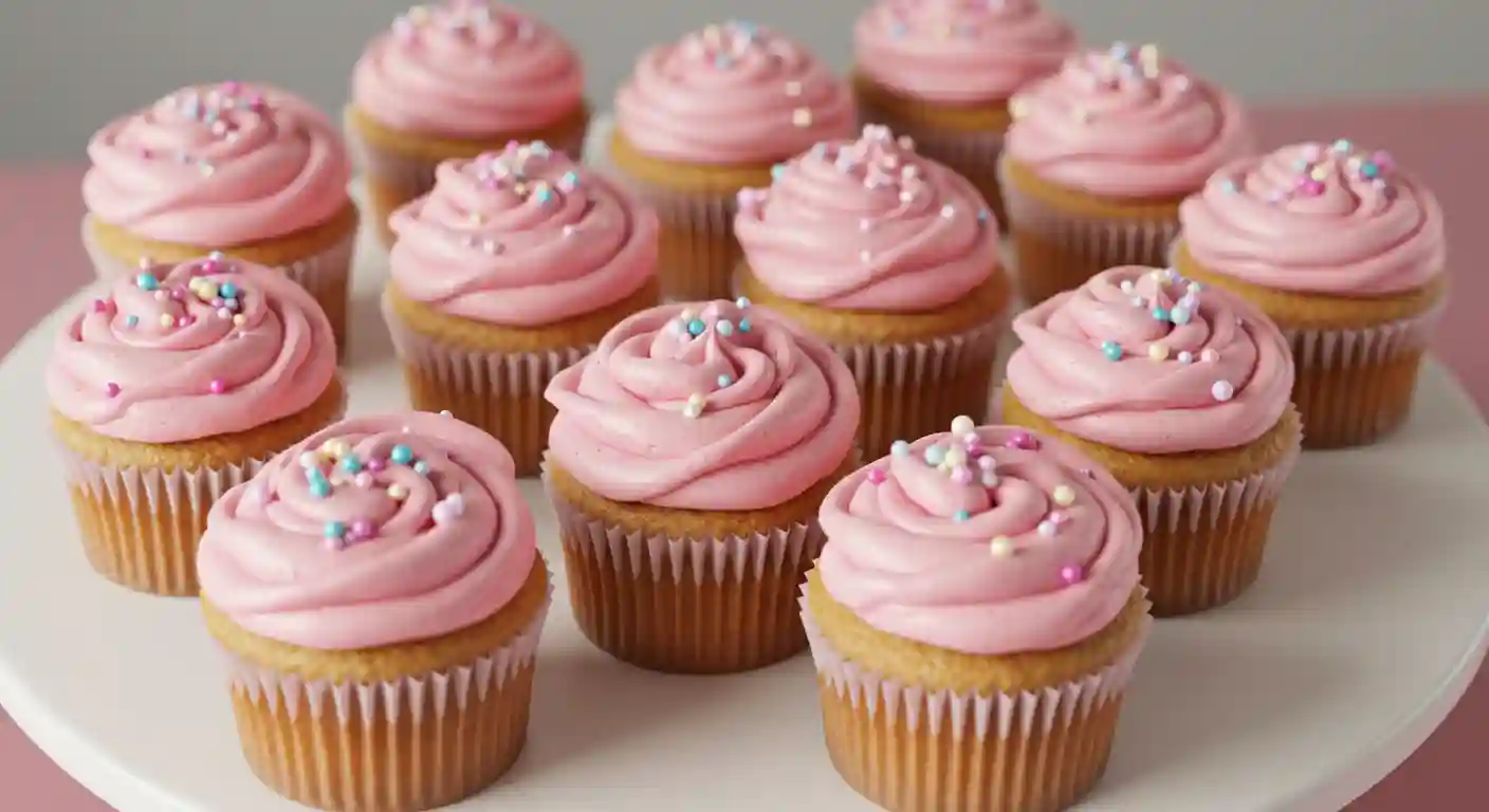 Frosted pink cupcakes on a white cake stand