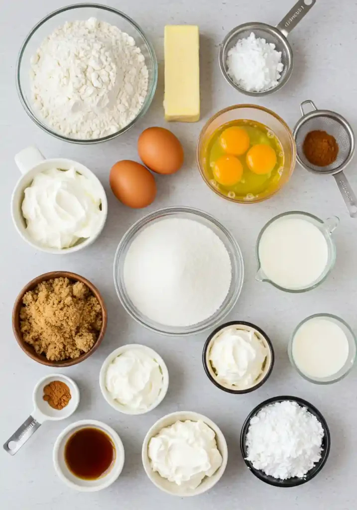 Flour, sugar, cinnamon, sour cream, eggs, and more laid out