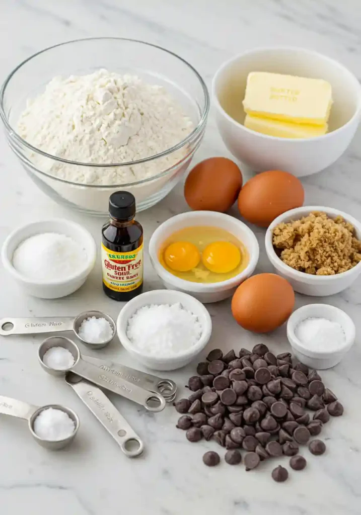 Gluten free flour, sugars, eggs, butter, and chocolate chips