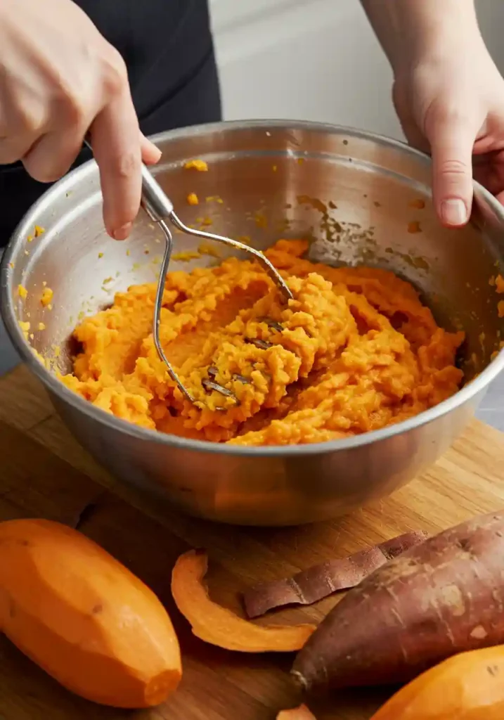 Hand mashing cooked sweet potatoes in a mixing bowl