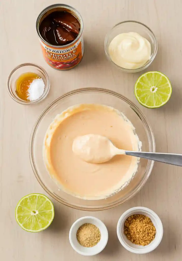 Stirring chipotle mayo sauce in a glass bowl with ingredients around it