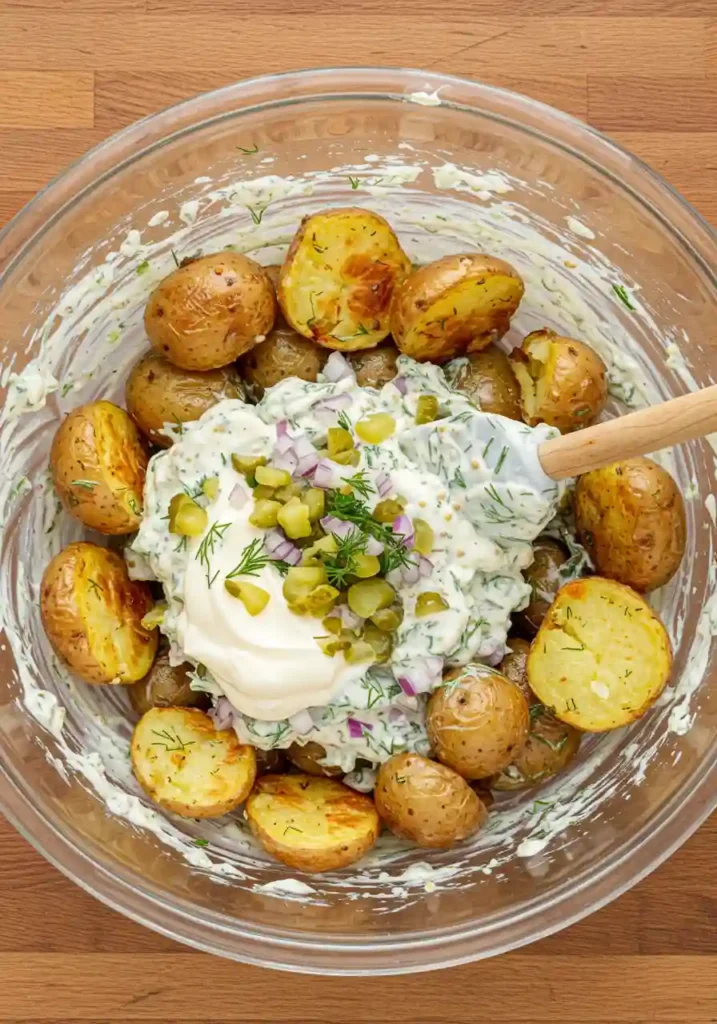 Bowl of smashed potatoes being mixed with creamy mustard dressing and herbs