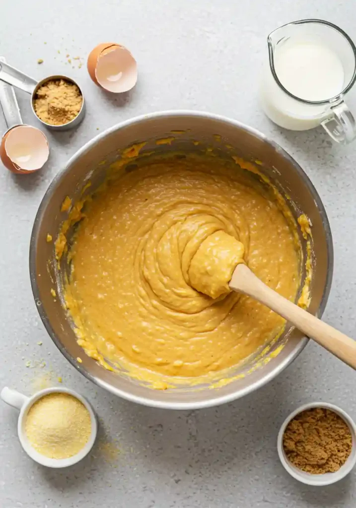 Smooth orange cornbread batter being folded in a bowl