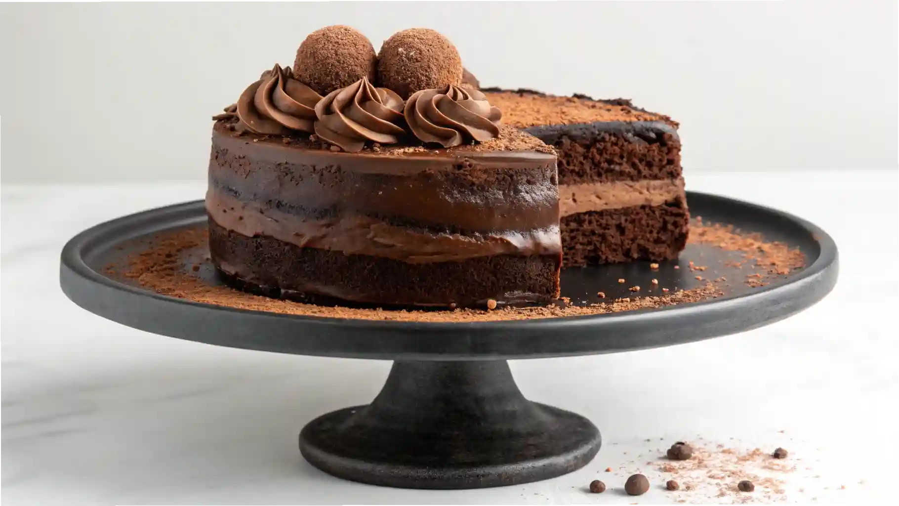 Full chocolate truffle cake on a stand topped with ganache and truffles