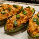 Buffalo chicken stuffed pepper halves in a baking dish, topped with melted cheese