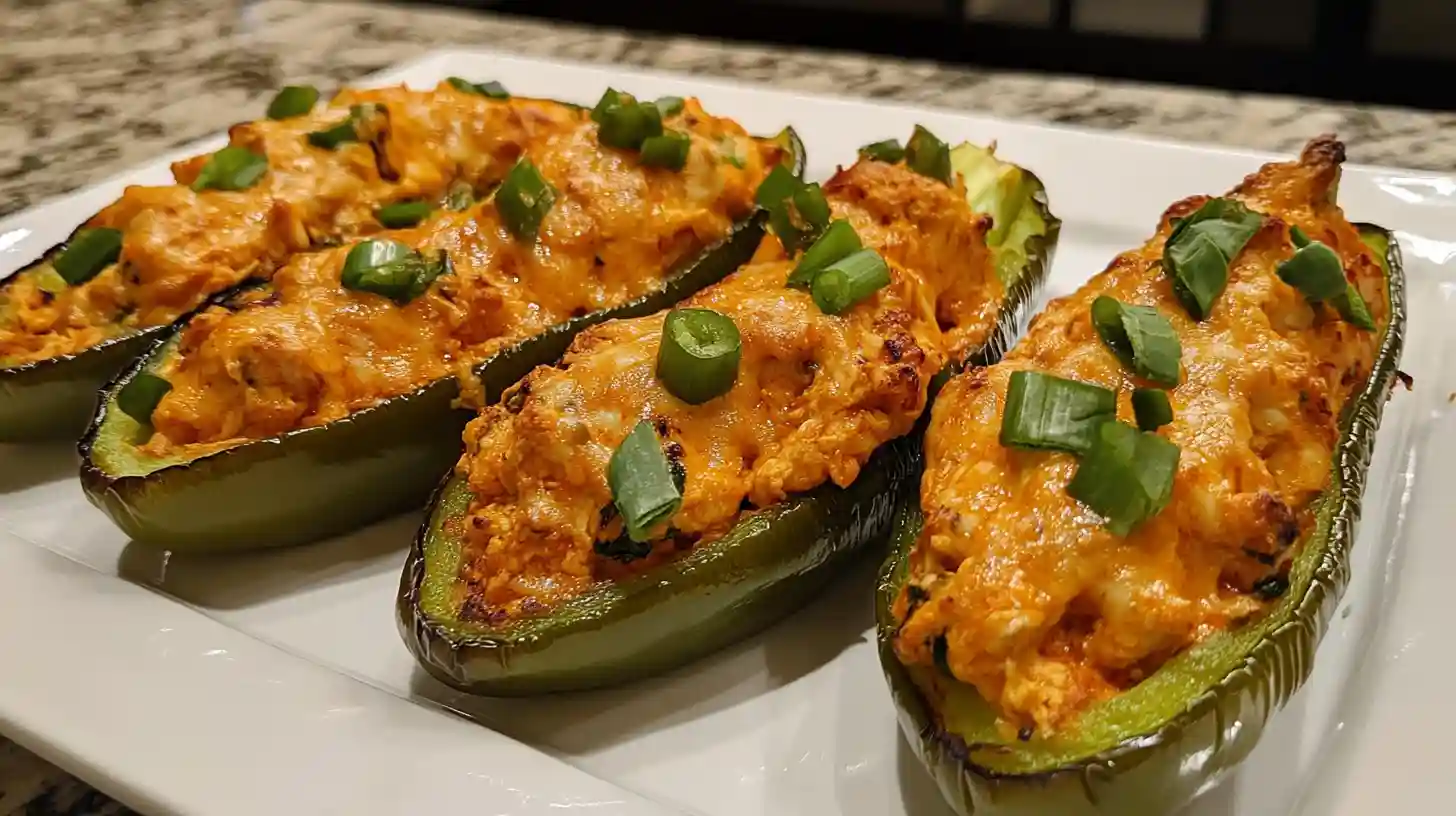 Buffalo chicken stuffed pepper halves in a baking dish, topped with melted cheese