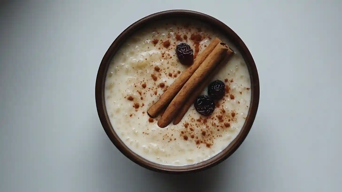 Bowl of creamy rice pudding with raisins and cinnamon