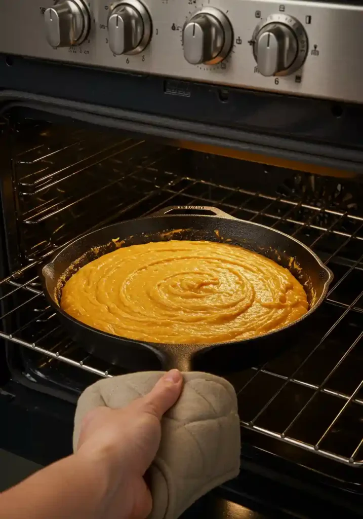 Unbaked sweet potato cornbread in a skillet going into oven