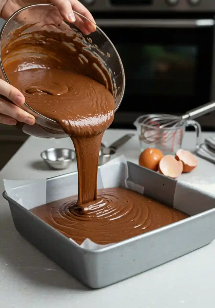 Chocolate cake batter being poured into a 9x13 pan