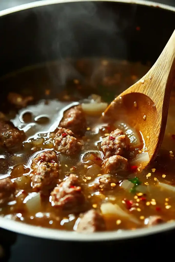 Golden broth streaming into the pot