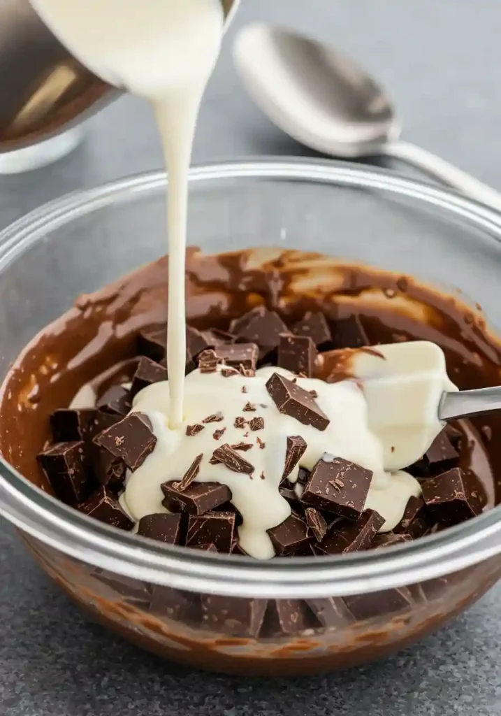 Hot cream being poured over chopped chocolate in a bowl