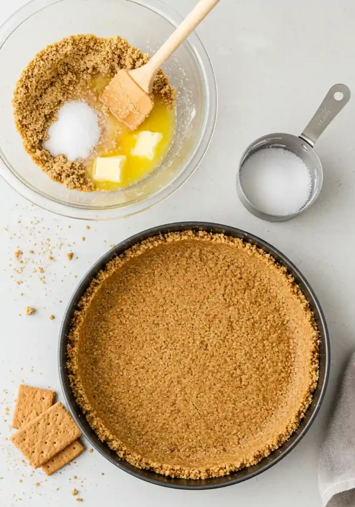 Graham cracker crust being mixed and pressed into pan with measuring cup