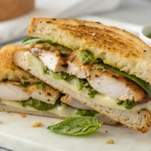 Finished pesto chicken sandwich sliced and plated