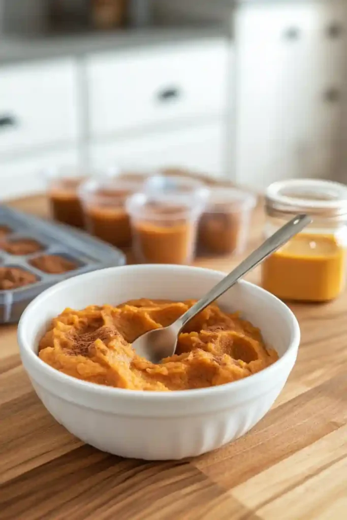 Bowl of puree with baby food jar and ice cube tray