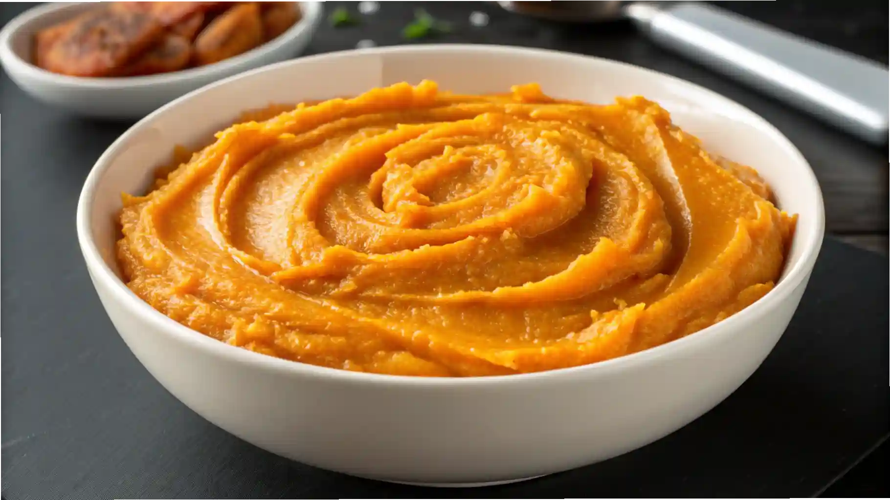 Bowl of sweet potato puree on a wooden table with spoon