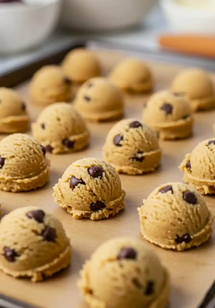 Cookie scoop portioning dough onto baking sheet