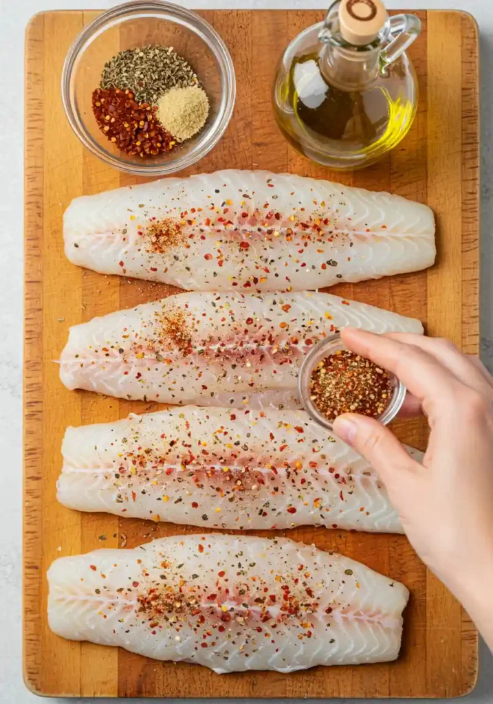 Spices being sprinkled over raw white fish fillets