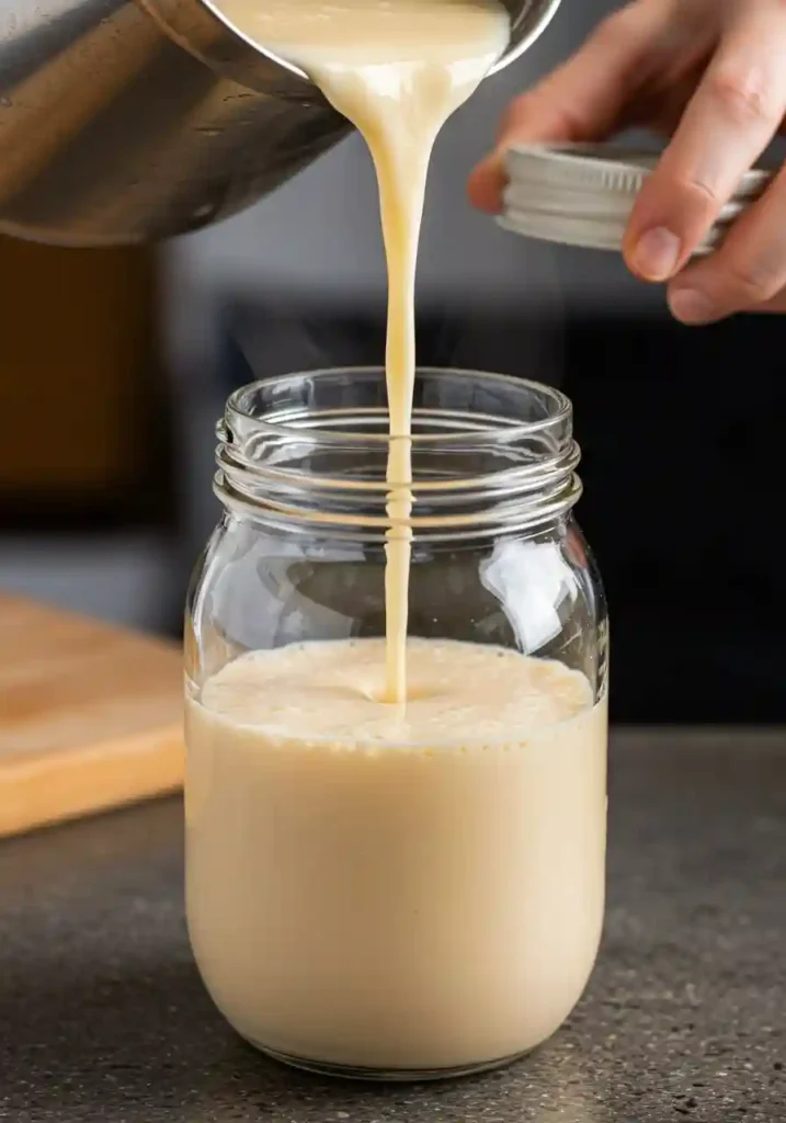 Hand shaking a sealed glass jar of homemade coffee creamer