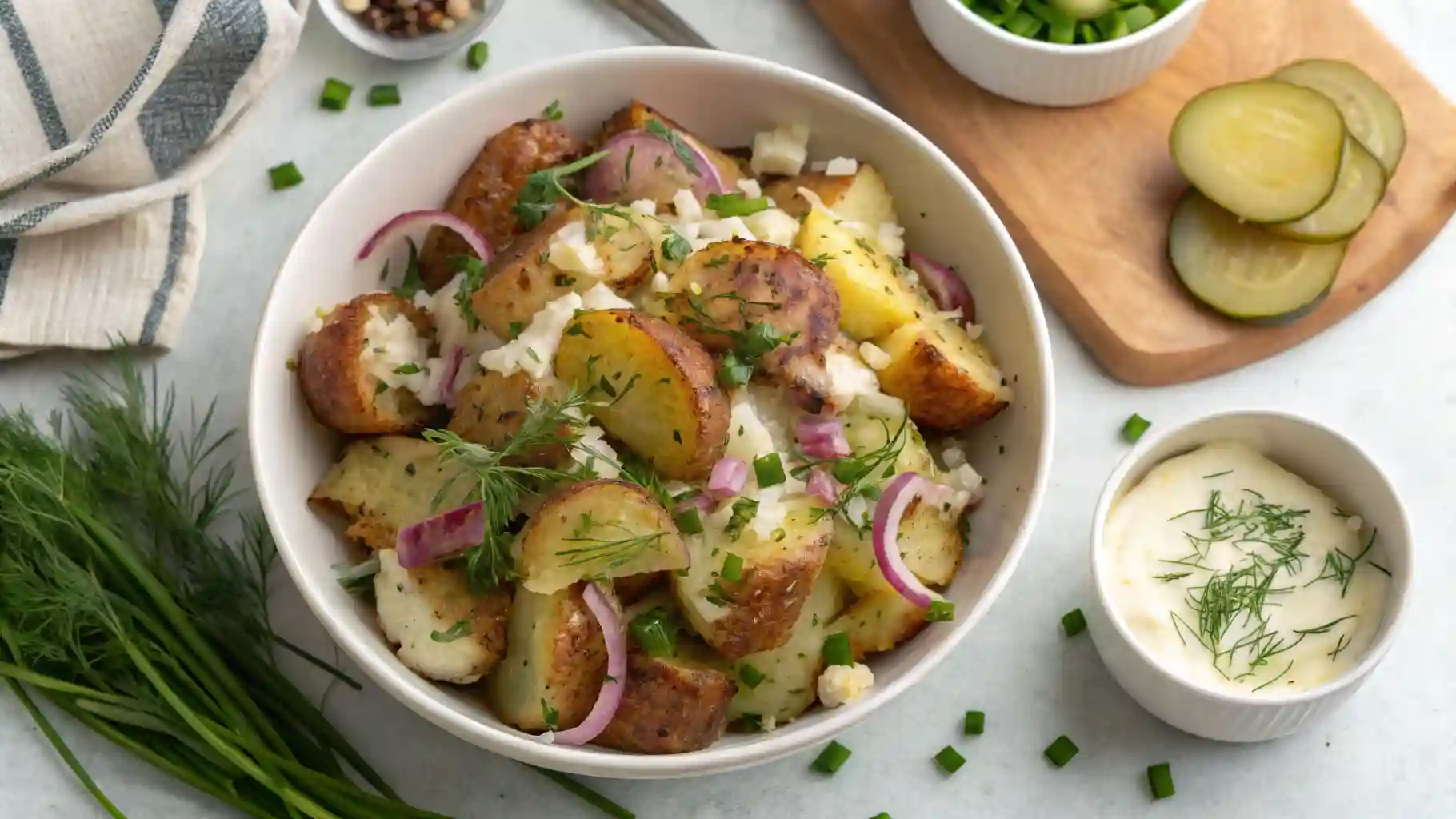 Bowl of smashed potato salad topped with herbs and dressing
