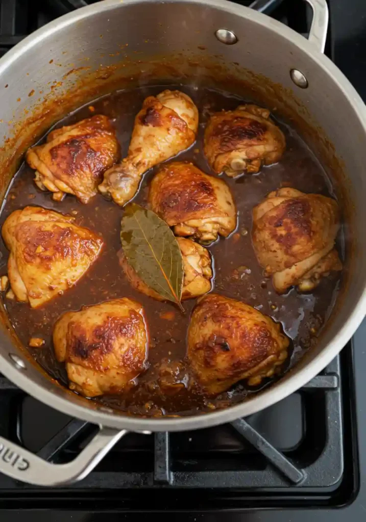 Chicken thighs cooking in red birria sauce