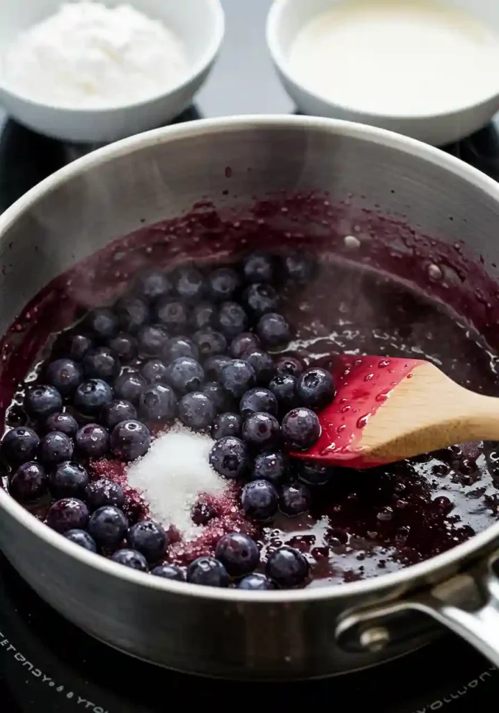 Blueberry sauce bubbling in saucepan with steam and glossy texture
