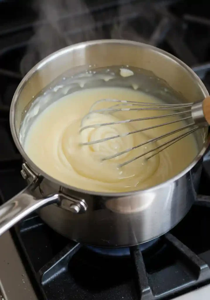 Saucepan with milk and cream mixture steaming over stovetop