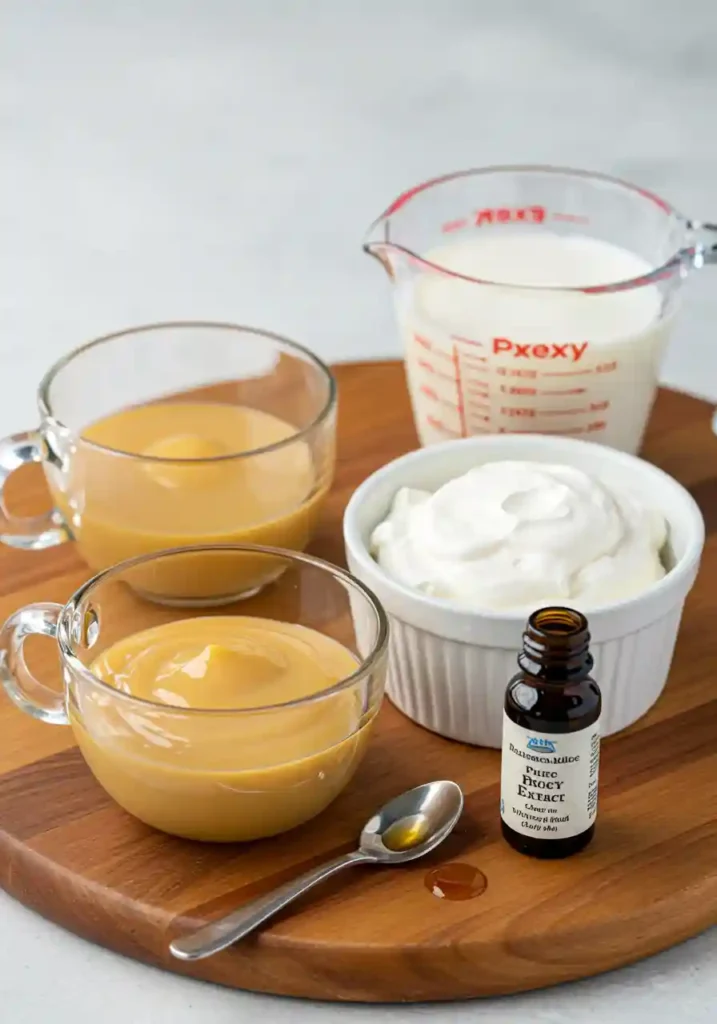 Sweetened condensed milk, cream, milk, and vanilla on a board