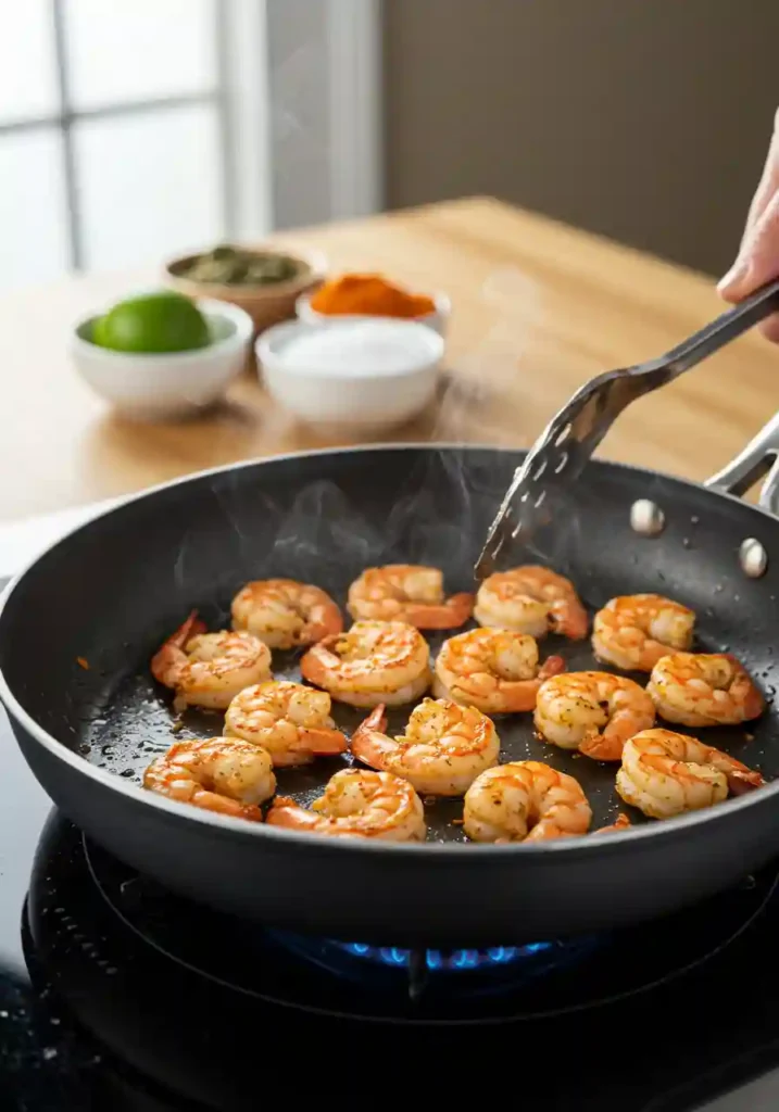 Seasoned shrimp cooking in a skillet with golden color and steam
