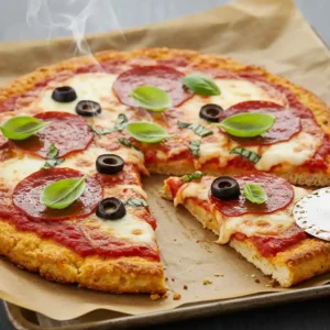 Chicken crust pizza cut into wedges on parchment with basil garnish