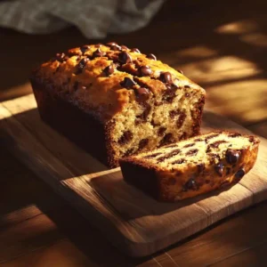 Cut banana bread loaf showing moist texture and chocolate pockets