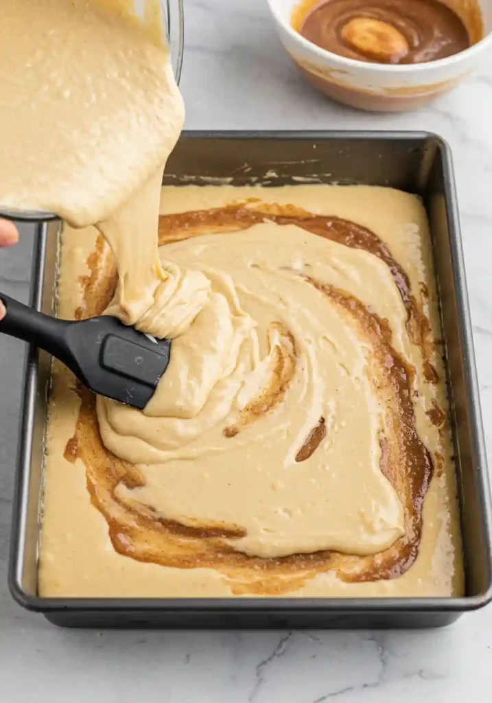 Rubber spatula smoothing batter into a 9×13 pan